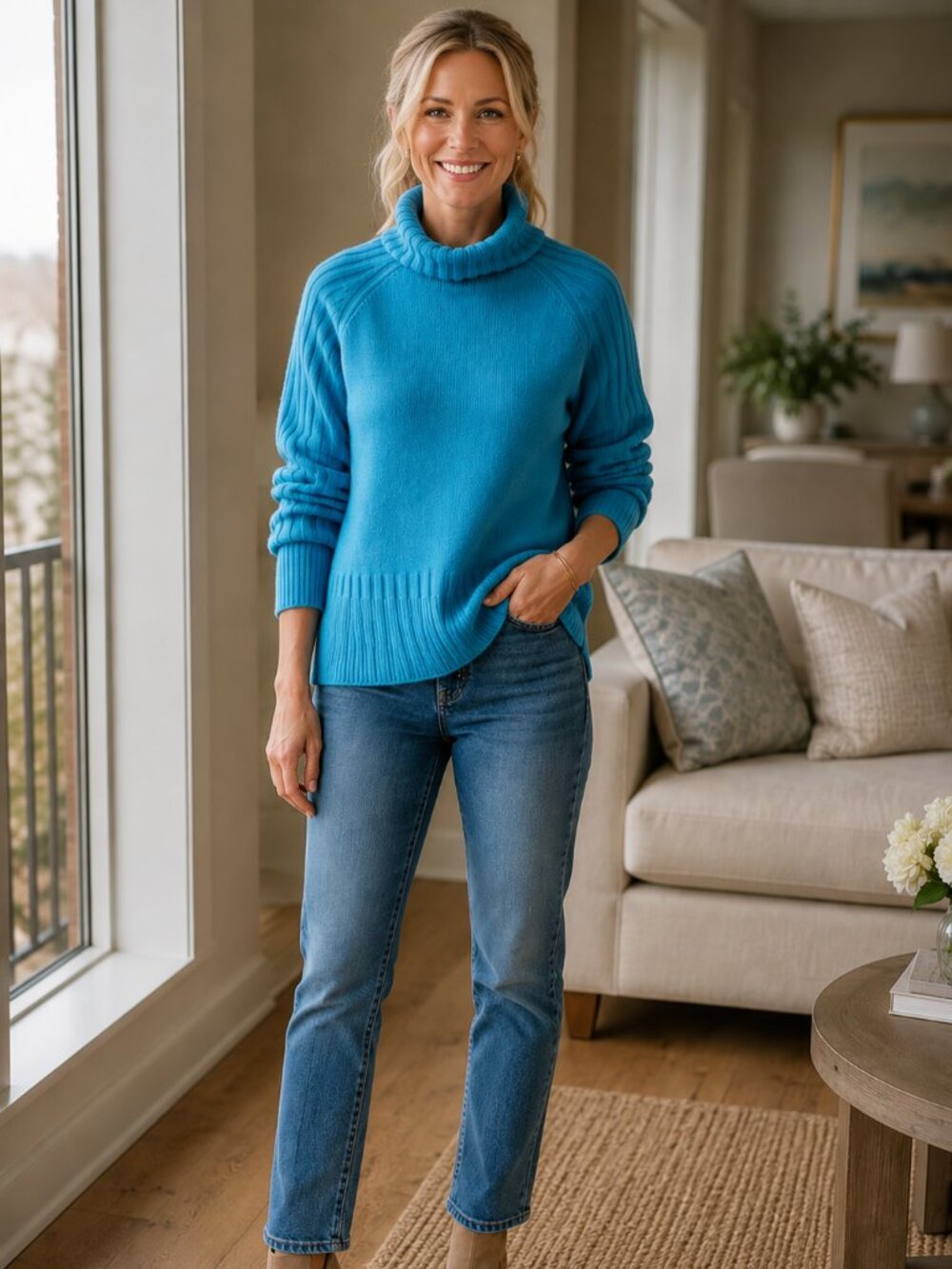 Talbots 100% Pure Cashmere Turtleneck Sweater PM Turquoise Blue Luxury Soft